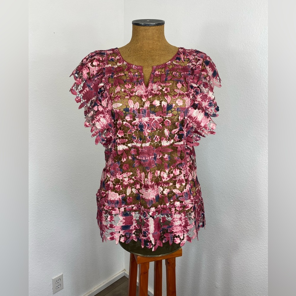 Soft Surroundings Eyelet Sheer Ruffle Cap Sleeve Top Small Scalloped Peplum Pink